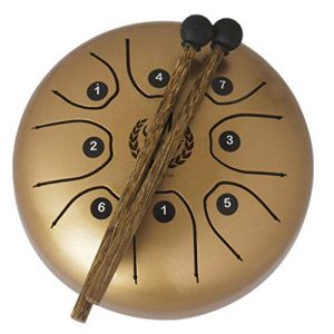 mini handpan dorado con mazos MMBAT ideal para yoga y viajes
